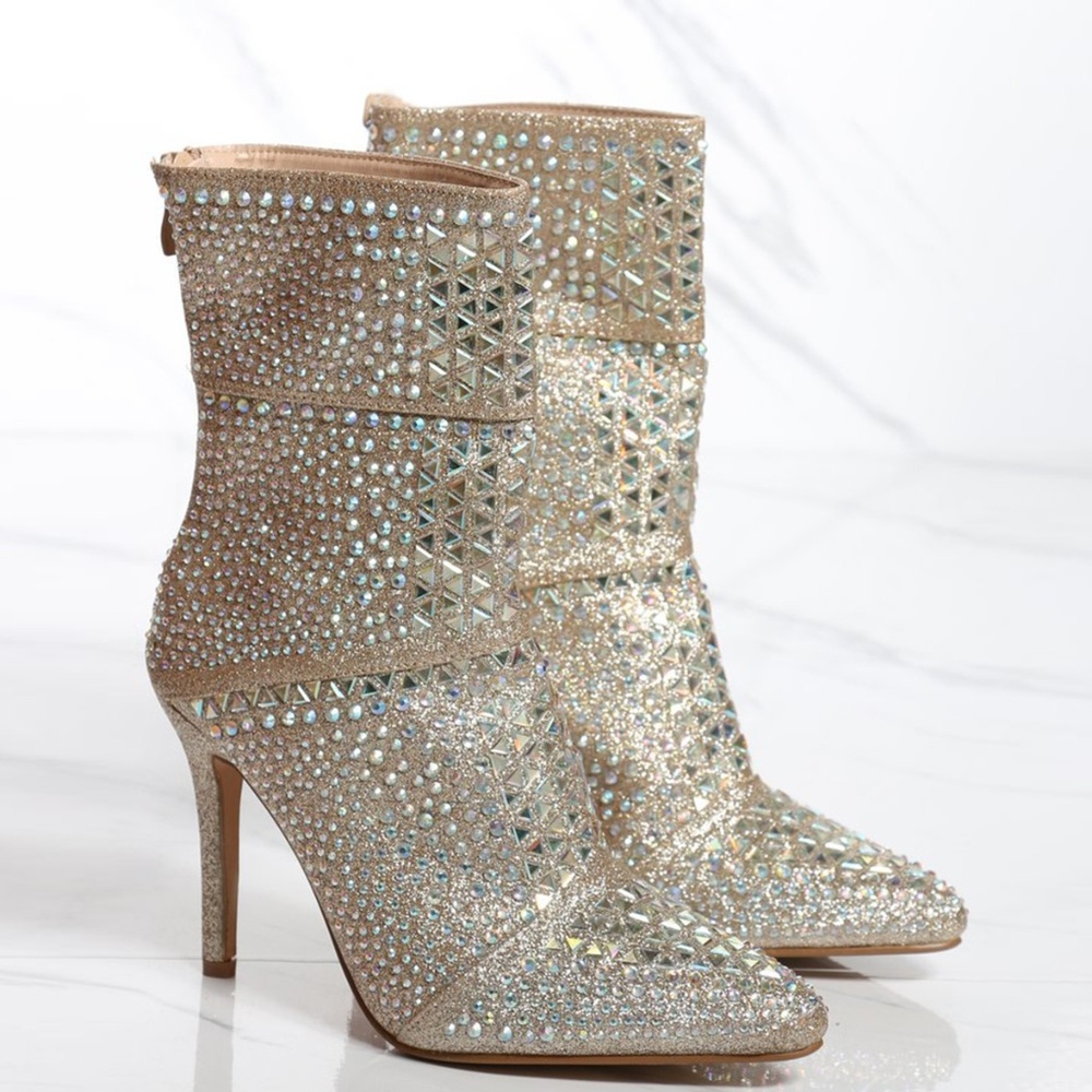 NEW🔥 Bling Gold Glitter Rhinestone Embellished Ankle Booties Boot Stiletto Heel - Picture 5 of 5